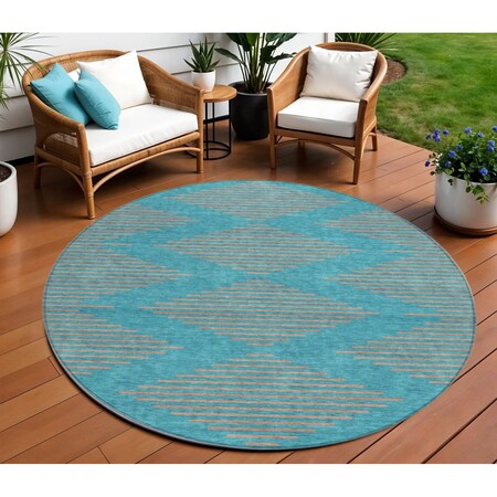 Homeroots 8' Teal Blue And Pink Round Geometric Washable Indoor Outdoor Area Rug 598790