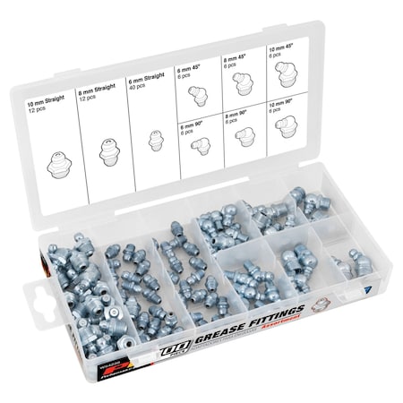 Performance Tool 100 pc. Metric Grease Fitting, 6mm 8mm 10mm, Straight 45 90 Degree W54239