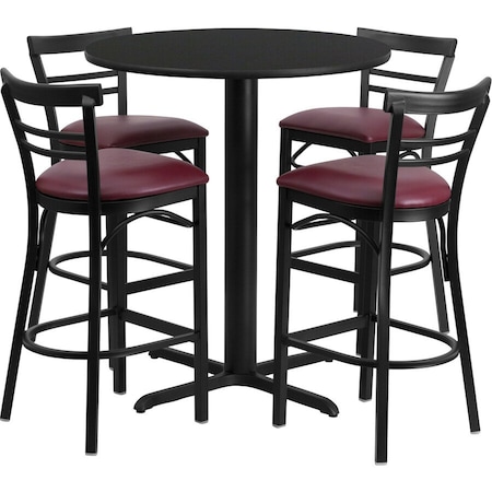 Flash Furniture Round Blk Bar Table, Rnd Base, Burgundy Seat, 24", Laminate Top, Wood Grain HDBF1037-GG