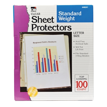 Charles Leonard Sheet Protectors, Standard Weight, Letter Size, Clear, Box of 100, 100PK CHL48241