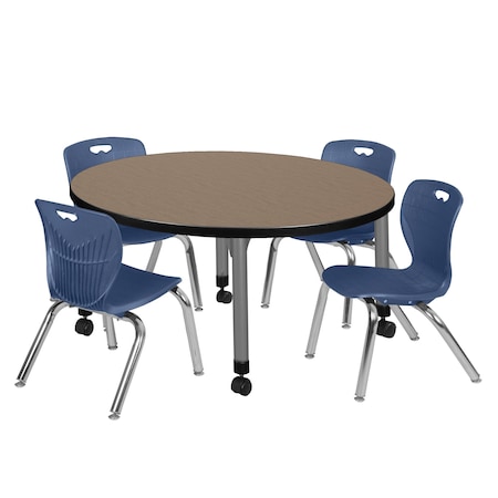 Regency Round Kee Mobile Adjustable Classroom Table W/ 4 Andy Chairs, 36 in W, 36 in L, Noble Oak TB36RNDNOAPCGY45NV