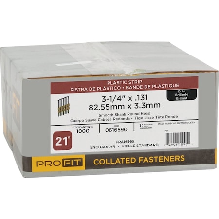 Pro-Fit 3-1/4'' x 0.131'' Plastic Strip Round Head Smooth Shank Brite Framing Stick Nails, 1000 Ct. 616590