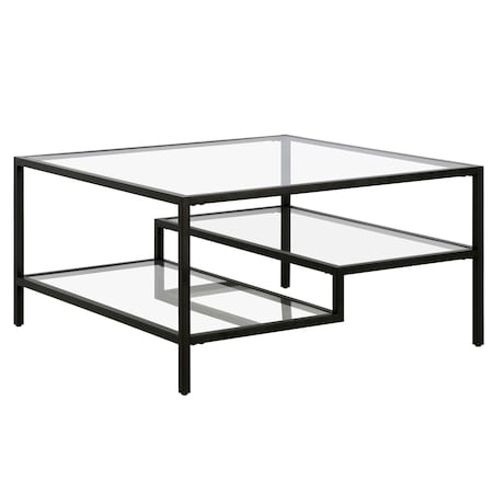 Homeroots 32" Black Glass And Steel Square Coffee Table With Two Shelves 520972