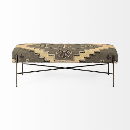 Homeroots 55in Green Brown and Black Upholstered Abstract Cotton Blend Bench 376186