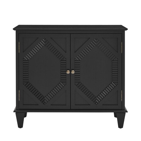 Homeroots 34in Black Wood Carved Geometric Accent Cabinet With Two Doors 691652
