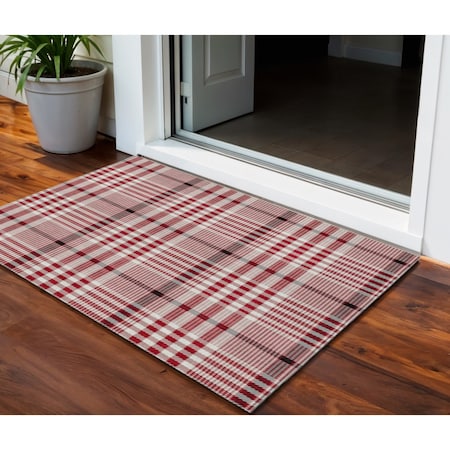 Homeroots 3' X 5' Red Black And Ivory Plaid Washable Indoor Outdoor Area Rug 601512