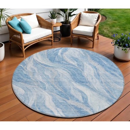 Homeroots 8' Denim Blue And Sky Blue Round Abstract Washable Indoor Outdoor Area Rug 582982