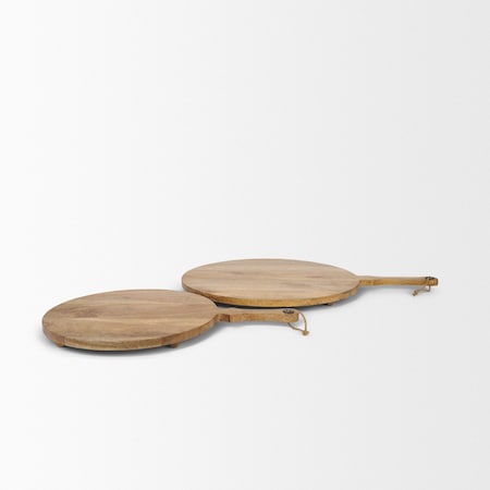 Homeroots Set of Two Natural Solid Wood Handmade Round Serve Boards With Handles 609083