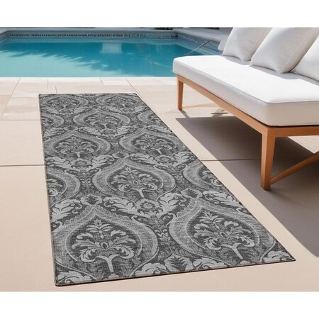 Homeroots 8' Runner Gray Damask Washable Non Skid Indoor Outdoor Runner Rug 563872