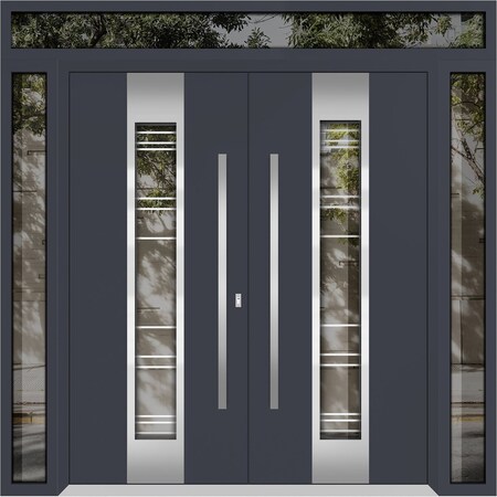 Vdomdoors Metal Double Doors Deux 5755 Gray Graphite Clear Glass 2 Sidelights and Top Transom Entry Modern Pa DEUX5755DEXD-GRE-W14+72+14xH96+16-LH-O