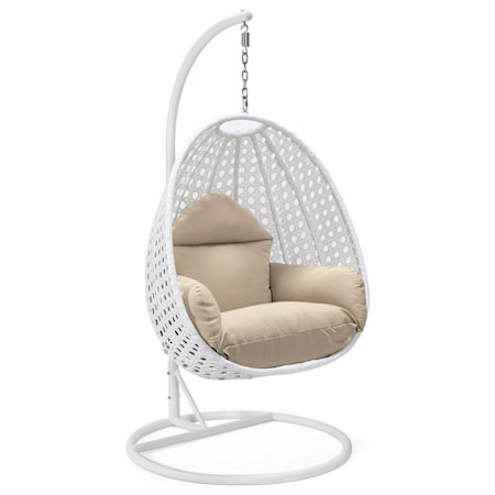 Leisuremod White Wicker Hanging Egg Swing Chair with Taupe Cushions ESCW-40TP