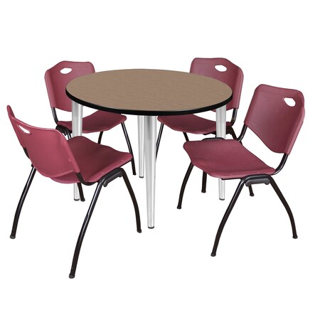 Regency Round Kahlo Breakroom Table W/ 4 M Stack Chairs, 36 in W, 36 in L, Noble Oak TPL36RNDNOCM47BY