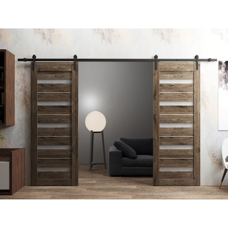 Sartodoors Sturdy Dbl Barn Door 36 x 80in, Quadro 4445 Cognac Oak W/ Frosted Glass, 13FT Rail Hangers Heavy Set QUADRO4445DB-AKA-36