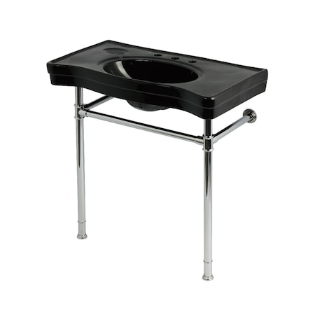 Kingston Brass 36" Ceramic Console Sink with Stainless Steel Legs, 8-Inch, 3-Hole, Black/Polished Chrome KVPB36198K381
