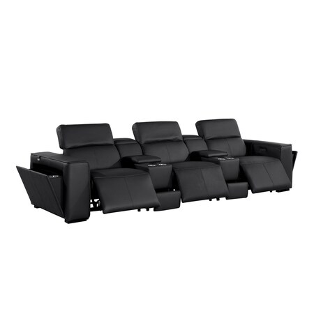 Homeroots 130" Black Top Grain Leather Reclining Metal USB Sofa 720394