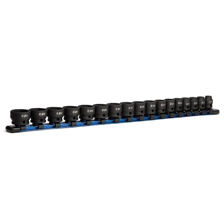 Capri Tools 3/8 in. Drive Stubby Impact Socket Set, Metric, 8 to 24 mm, 17-Piece with Blue Aluminum Socket Rail CP53425RBL