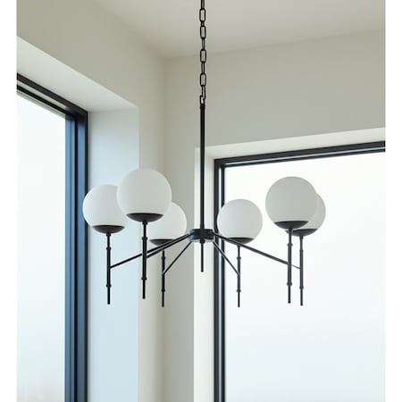 Homeroots Black Sputnik Six Light Frosted Metal and Glass Dimmable Chandelier With White Shades 611360