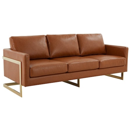 Leisuremod Lincoln Upholstered Leather Sofa with Gold Frame, Cognac Tan LA83BR-L