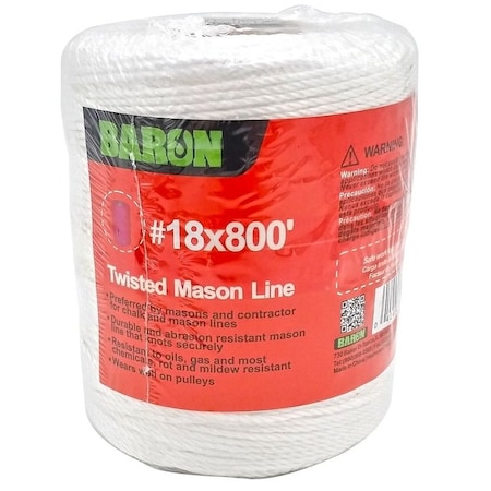 Baron Twisted Mason Line, No 18 Dia, 800 ft L, 13 lb Working Load, Polyester, White 70817
