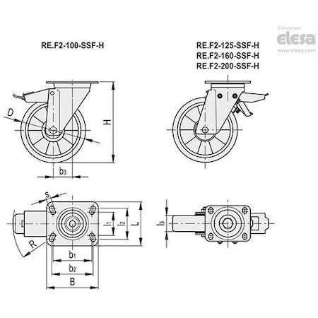 Elesa 452444 Medium-heavy duty castors Soft polyurethane coating plate bracket, brake 452444