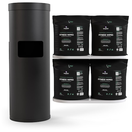 Wipex Natural Fitness Wipes 700ct Bundle, 4 Rolls + Black Floor Dispenser w/ Trash Can WX72219BFD4FLE