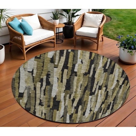 Homeroots 8' Brown Black And Green Round Striped Washable Indoor Outdoor Area Rug 603211
