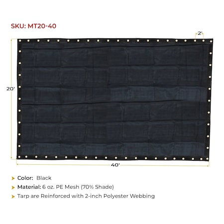 Mytee Products 20ft x 40ft Black Heavy Duty 70% Shade Mesh Tarps 6 Oz with Grommets ROLL-Off, 2PK MT20-40x2