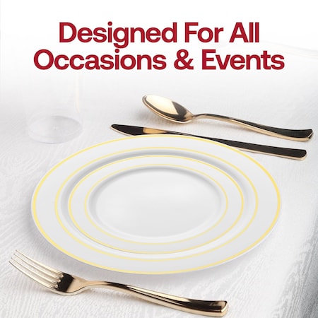 Smarty Had A Party 10.25" White with Gold Edge Rim Plastic Dinner Plates (120 Plates), 120PK 110G-CASE