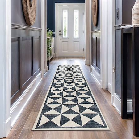 World Rug Gallery Geometric Diamond Washable Non Slip Runner Rug 2 ft x 10 ft Cream WR74CREAM2X10