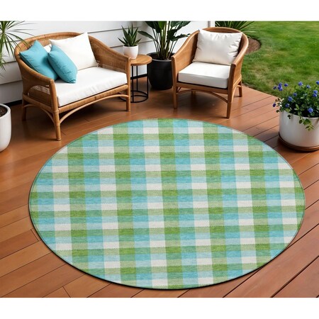 Homeroots 8' Lime Green Aqua And Beige Round Plaid Washable Indoor Outdoor Area Rug 601406