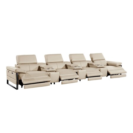 Homeroots 169" Beige Top Grain Leather Reclining Metal USB Sofa 720351