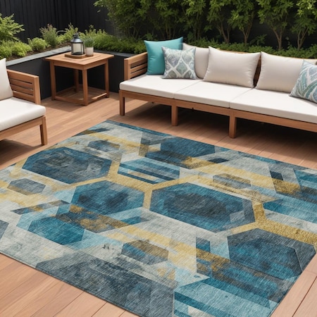 Homeroots 8' X 10' Teal Blue Gold And Silver Geometric Washable Indoor Outdoor Area Rug 618760