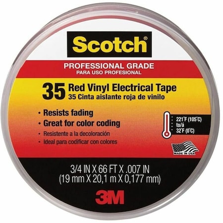 3M Vinyl Electrical Tape, 35, Scotch, 3/4 in W x 66 ft L, 7 mil thick, Red 10810