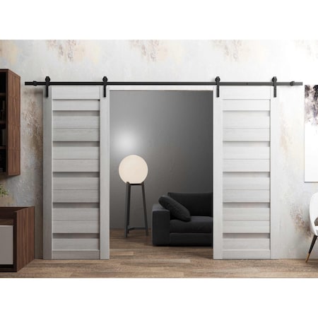 Sartodoors Sturdy Dbl Barn Door 84 x 96in, Light Grey Oak W/ Frosted Glass, 14FT Rail Hangers Heavy Set QUADRO4445DB-OAK-8496
