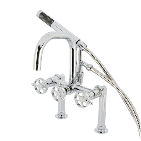 Kingston Brass 7" Center Deck-Mount Clawfoot Tub Faucet with Knurled Handle and Hand Shower, Polished Chrome AE8401RKX
