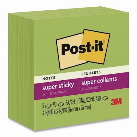 Post-It Super Sticky Pads in Energy Boost Collection Colors, 3 x 3, Limeade, 90 Sheets/Pad, 5PK 654-5SSLE