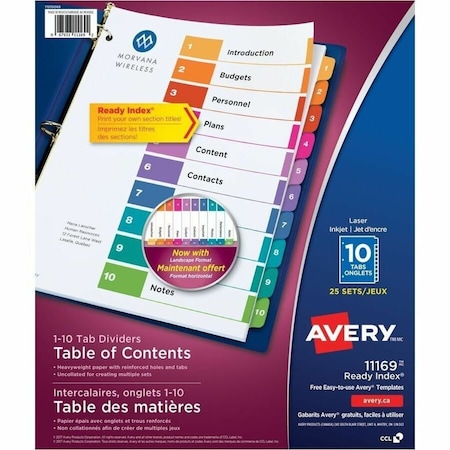 Avery Dennison Avery, CUSTOMIZABLE TOC READY INDEX MULTICOLOR DIVIDERS, 10-TAB, LETTER, 24PK 11169