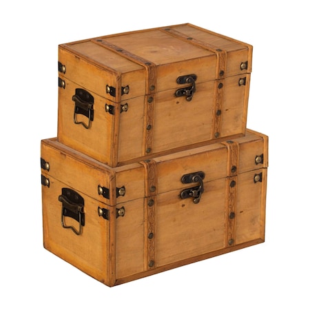 Vintiquewise Set of 2 Farmhouse Antique-Style Wood Treasure Chest with Leather Straps & Front Latch QI004849.2