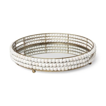 Homeroots 22in Antiqued Gold And White Metal Wood And Mirrored Glass Round Vanity Tray 376042