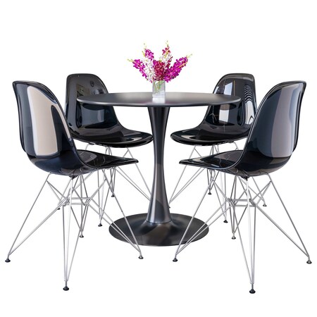 Leisuremod Bristol 5-Piece Modern Dining Set: Round MDF Table & 4 Eiffel Plastic Chairs with Chrome Legs, 5PK BTBL-35BL-CR19TBL4