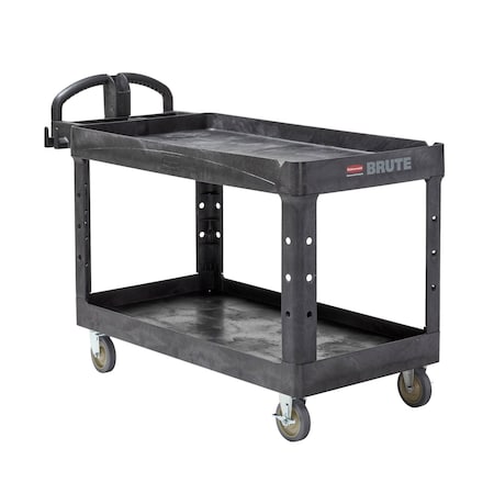 Rubbermaid Commercial Utility Cart with Deep Lipped Plastic Shelves, Plastic, 750 lb Load Capacity, 2 Shelves, 55 in L FG454600BLA