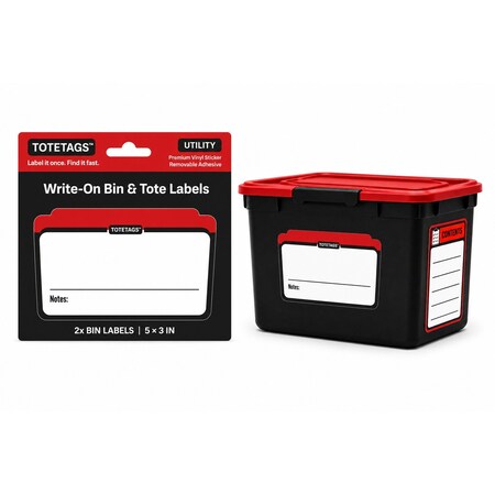 Totetags Storage Bin Labels, Write-On Tote Labels, Includes Contents Sticker, Red, 1 Set, 5 in x3 in, 2PK TOTETAGS-1X1-RED