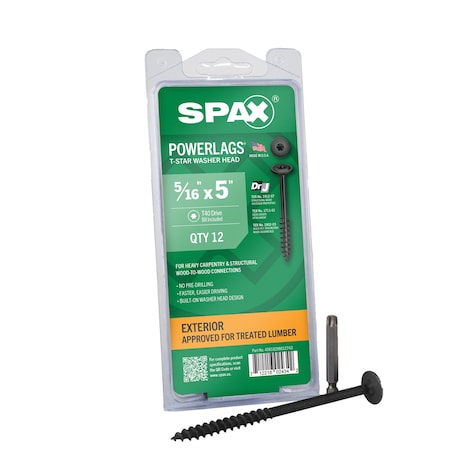 Spax 5/16 in x 5 in Exterior Structural Wood Lag Screws Powerlags Washer Head T-Star, 12PK 45818208012743