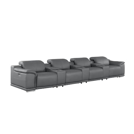 Homeroots 175" Dark Gray Top Grain Leather Reclining USB Sofa And Storage 643718