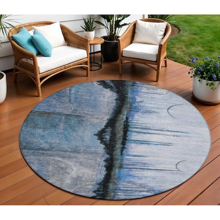 Homeroots 8' Blue And Charcoal Round Abstract Washable Indoor Outdoor Area Rug 630467