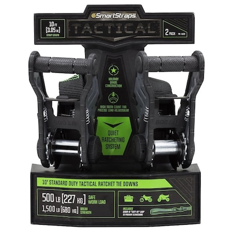 Smartstrap Tactical TieDown, 1 in W, 10 ft L, PolyesterPlasticSteel, Gray, 1500 lb, S Hook End Fitting 4628