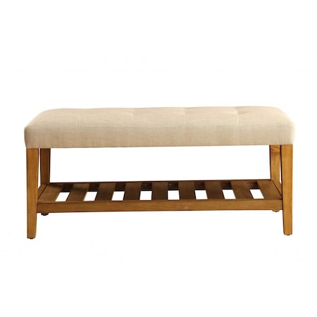 Homeroots 40in Beige and Brown Upholstered Polyester Bench with Shelves 286430