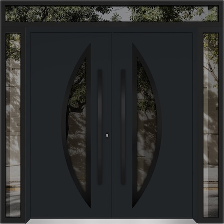 Vdomdoors Metal Double Doors Deux 6501 Black Enamel Opaque Black Glass 2 Sidelights and Top Transom Entry Mod DEUX6501DEXD-BLK-W12+72+12xH96+16-LH-O
