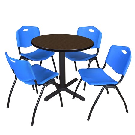 Regency Round Cain Breakroom Table W/ 4 M Stack Chairs, 30 in W, 30 in L, Neo Walnut TB30RNDNW47BE
