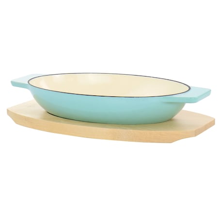 Martha Stewart 2 Piece Enameled Cast Iron Oval Casserole Birch Wood Trivet Set in Aqua 129057.02